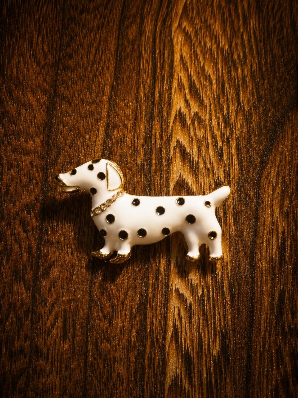 White and Black Dog Brooch with Gold Accents